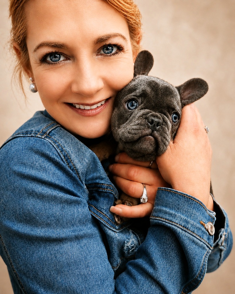 Carolyn Sabolis-Hall (CJ) cradling a blue French Bulldog puppy close to her cheek with a warm, caring smile.